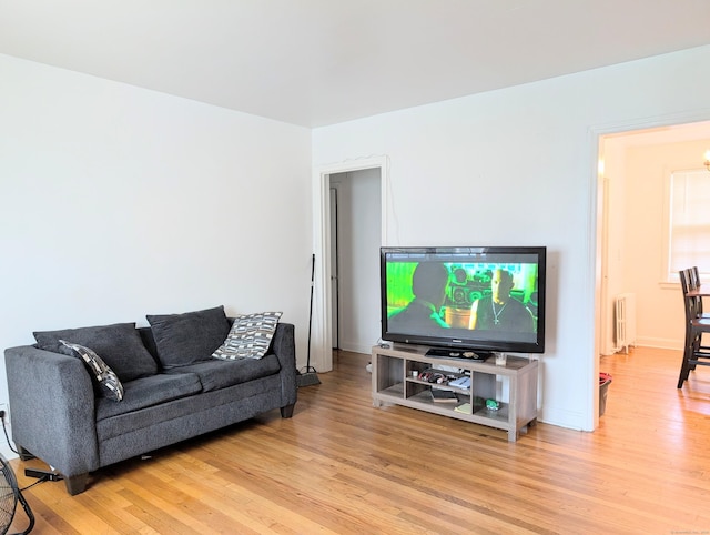 901 William St Apt A, Bridgeport, CT 06608 - living room featuring radiator heating unit, light wood-style floors, and a chandelier