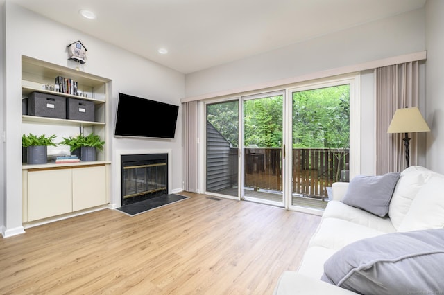 51 Old Kings Hwy Unit 5, Greenwich, CT 06897 - living room featuring light wood finished floors, a fireplace with flush hearth, and recessed lighting