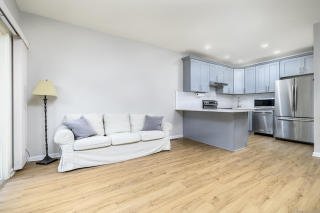 51 Old Kings Hwy Unit 5, Greenwich, CT 06897 - kitchen featuring appliances with stainless steel finishes, a peninsula, light wood-style flooring, open floor plan, and recessed lighting