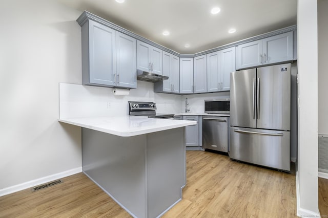 51 Old Kings Hwy Unit 5, Greenwich, CT 06897 - kitchen with stainless steel appliances, a peninsula, under cabinet range hood, light wood finished floors, and recessed lighting