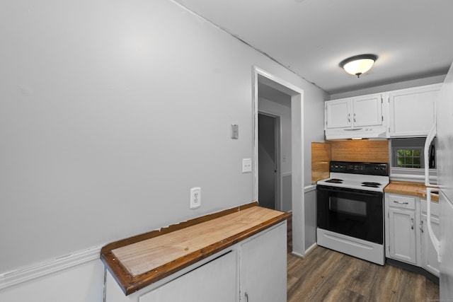 46 Rising Trail Dr Unit 46, Middletown, CT 06457 - kitchen with electric stove, under cabinet range hood, wood counters, and dark wood finished floors