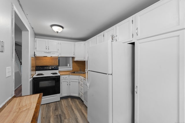 46 Rising Trail Dr Unit 46, Middletown, CT 06457 - kitchen with white appliances, under cabinet range hood, dark wood-style floors, and white cabinets