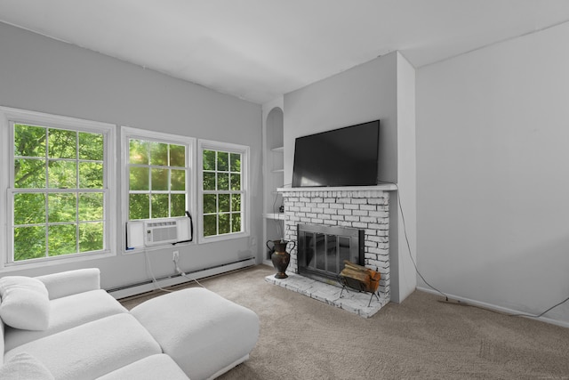 46 Rising Trail Dr Unit 46, Middletown, CT 06457 - carpeted living room featuring cooling unit, a baseboard radiator, and a brick fireplace