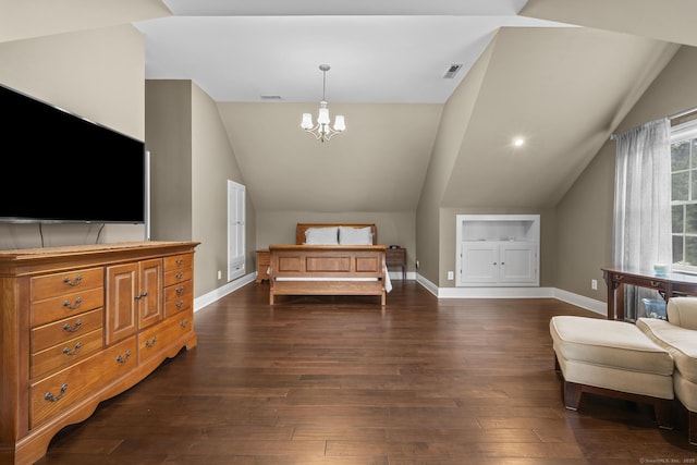72 Hazelwood Dr, Southington, CT 06489 - bedroom featuring lofted ceiling, dark wood-style flooring, and a chandelier