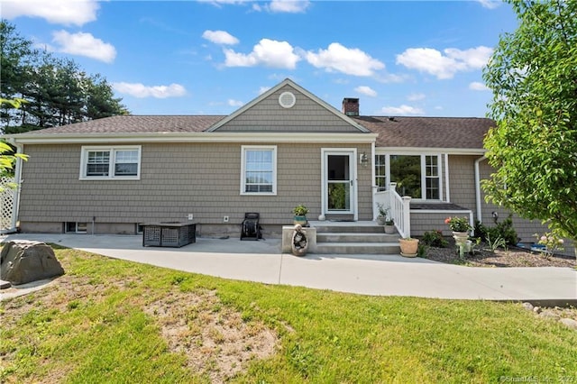 23 Sunset Hill Rd, Brookfield, CT 06804 - rear view of house featuring a yard, a chimney, a patio area, and a shingled roof