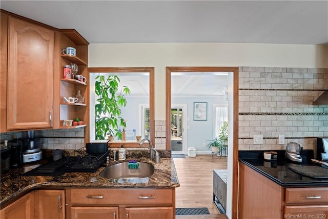 23 Sunset Hill Rd, Brookfield, CT 06804 - kitchen with open shelves, backsplash, dark stone counters, light wood finished floors, and ornamental molding