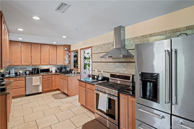 23 Sunset Hill Rd, Brookfield, CT 06804 - kitchen with stainless steel appliances, wall chimney range hood, open shelves, backsplash, and light tile patterned floors