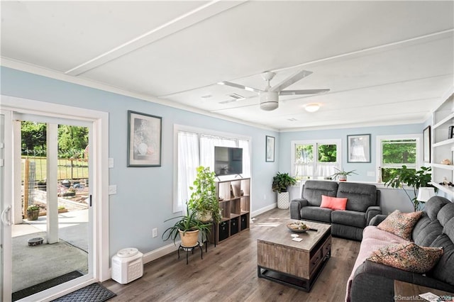 23 Sunset Hill Rd, Brookfield, CT 06804 - living area with a ceiling fan, ornamental molding, and wood finished floors