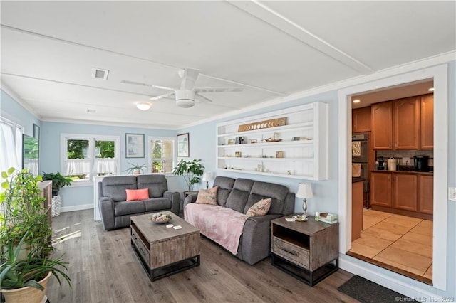 23 Sunset Hill Rd, Brookfield, CT 06804 - living area featuring ceiling fan, wood finished floors, and crown molding