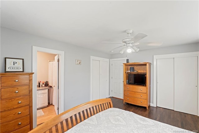 23 Sunset Hill Rd, Brookfield, CT 06804 - bedroom with multiple closets, wood finished floors, ensuite bathroom, and a ceiling fan