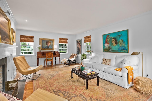 50 Pond Rd, Easton, CT 06612 - living area with a brick fireplace, wood finished floors, plenty of natural light, crown molding, and recessed lighting