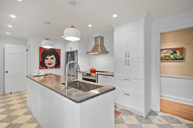 50 Pond Rd, Easton, CT 06612 - kitchen with wall chimney range hood, light floors, recessed lighting, ornamental molding, and white cabinetry