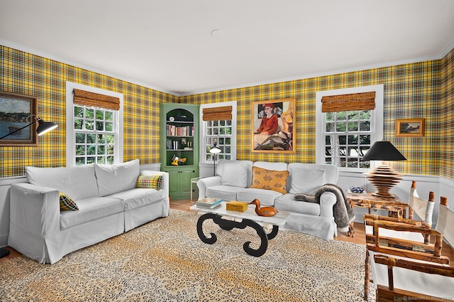 50 Pond Rd, Easton, CT 06612 - living room featuring wallpapered walls, plenty of natural light, ornamental molding, and wood finished floors