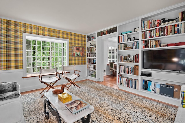 50 Pond Rd, Easton, CT 06612 - living area with wallpapered walls, crown molding, a wainscoted wall, and wood finished floors