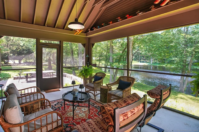 50 Pond Rd, Easton, CT 06612 - sunroom featuring a water view, lofted ceiling, and view of wooded area