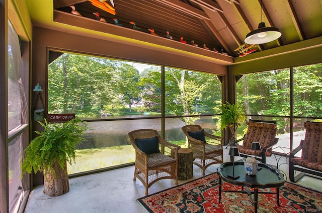 50 Pond Rd, Easton, CT 06612 - sunroom featuring a water view, vaulted ceiling, and view of wooded area