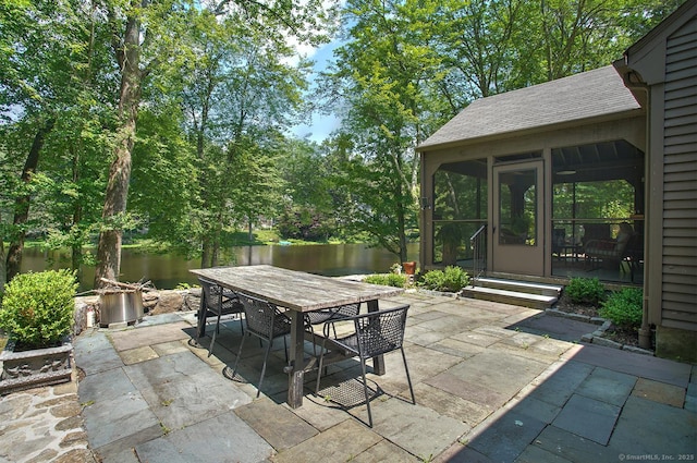 50 Pond Rd, Easton, CT 06612 - view of patio / terrace featuring outdoor dining area, a sunroom, and a water view