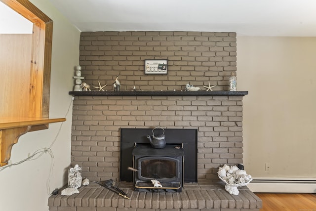 17 Stony Brook Rd, Brookfield, CT 06804 - detailed view of a wood stove, a baseboard heating unit, and wood finished floors