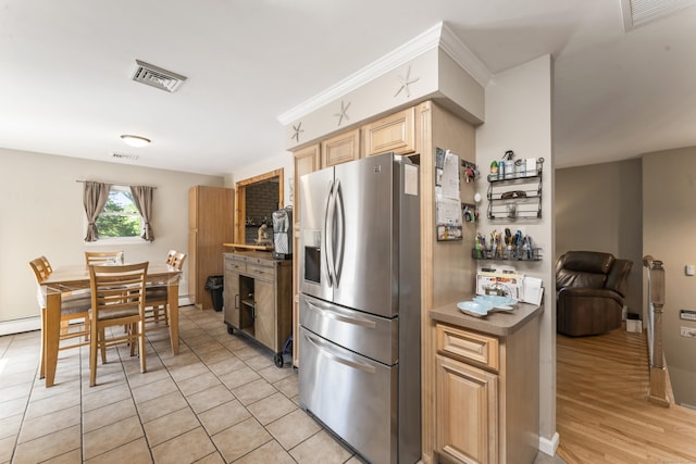 17 Stony Brook Rd, Brookfield, CT 06804 - kitchen featuring stainless steel fridge, light brown cabinetry, light tile patterned floors, and dark countertops