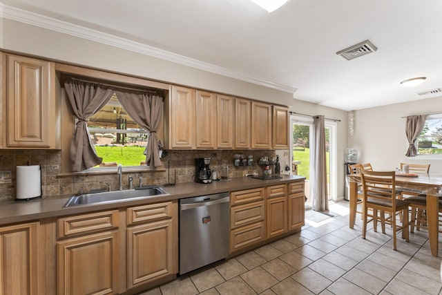 17 Stony Brook Rd, Brookfield, CT 06804 - kitchen with dishwasher, backsplash, dark countertops, light tile patterned flooring, and ornamental molding