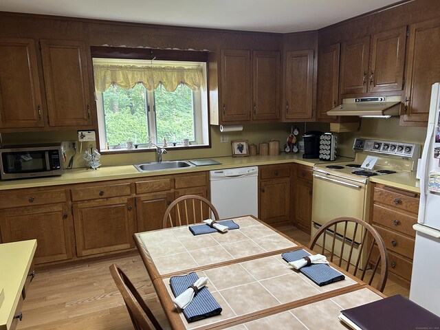 16 Round Hill Cir, Naugatuck, CT 06770 - kitchen featuring white appliances, under cabinet range hood, and light countertops