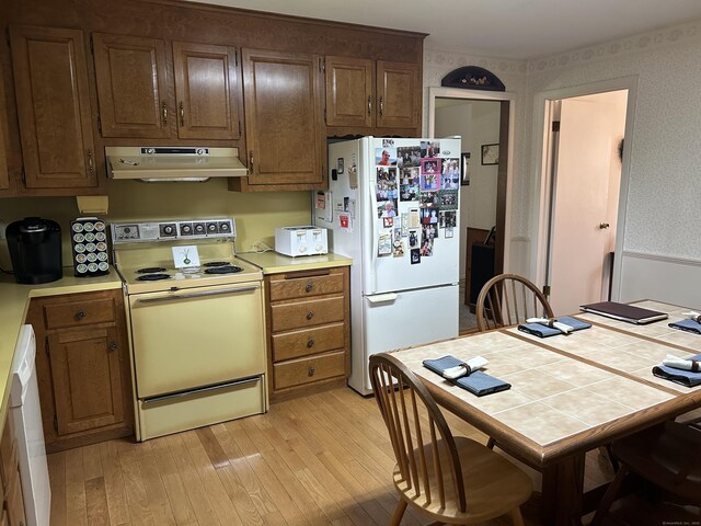 16 Round Hill Cir, Naugatuck, CT 06770 - kitchen with under cabinet range hood, white appliances, light wood finished floors, light countertops, and wallpapered walls
