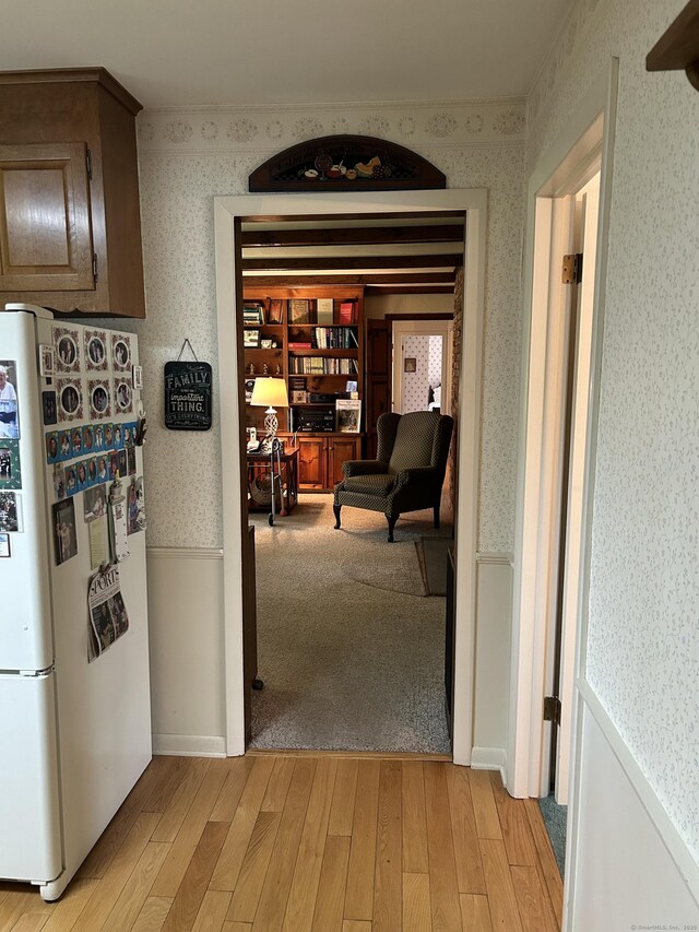16 Round Hill Cir, Naugatuck, CT 06770 - hallway with wallpapered walls and light wood finished floors