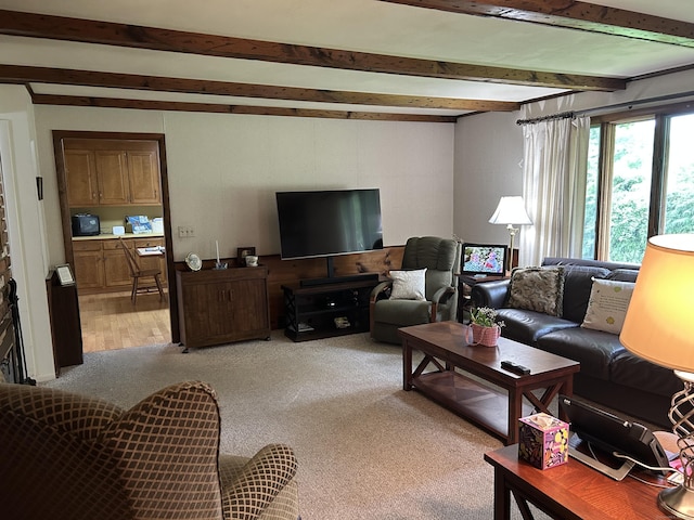 16 Round Hill Cir, Naugatuck, CT 06770 - living room featuring beam ceiling and light carpet