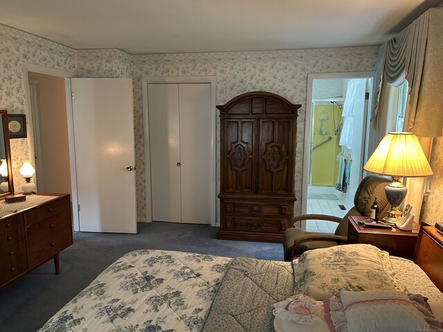 16 Round Hill Cir, Naugatuck, CT 06770 - bedroom with wallpapered walls, a closet, carpet floors, and ensuite bathroom