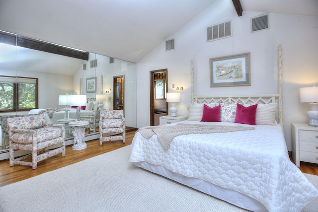 174 Cross Hwy, Westport, CT 06880 - bedroom featuring beam ceiling, wood finished floors, and high vaulted ceiling