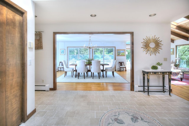 174 Cross Hwy, Westport, CT 06880 - dining area featuring baseboard heating, a chandelier, recessed lighting, stone finish flooring, and beam ceiling