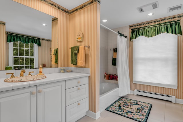 604 W Lake Ave, Guilford, CT 06437 - full bath featuring a baseboard heating unit, vanity, shower / tub combo with curtain, tile patterned floors, and wallpapered walls