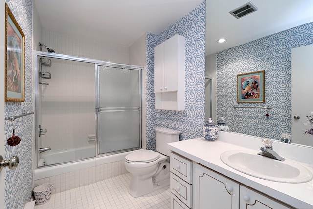 3200 Park Ave Unit 6A2, Bridgeport, CT 06604 - full bathroom featuring combined bath / shower with glass door, vanity, tile patterned flooring, wallpapered walls, and recessed lighting