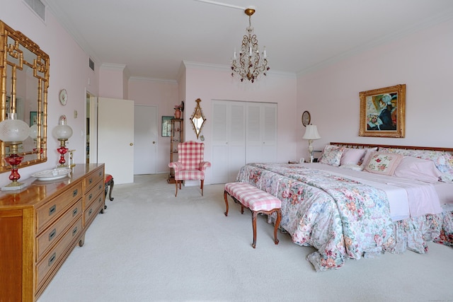 3200 Park Ave Unit 6A2, Bridgeport, CT 06604 - bedroom featuring a closet, light colored carpet, ornamental molding, and a chandelier