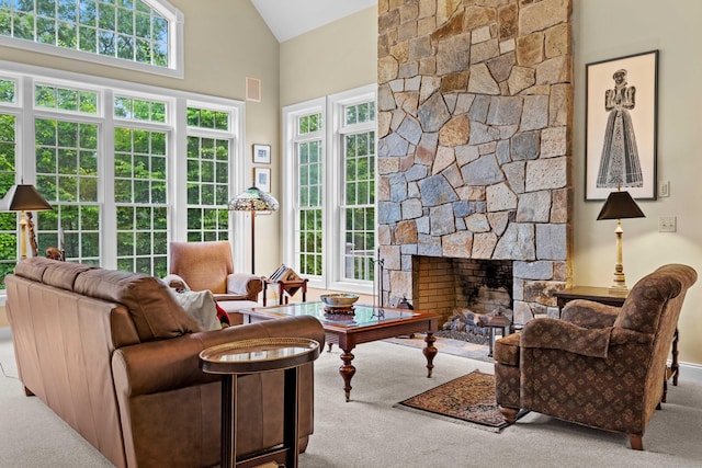 95 Shailer Pond Rd, Deep River, CT 06417 - living room featuring carpet, lofted ceiling, and a fireplace