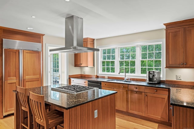 95 Shailer Pond Rd, Deep River, CT 06417 - kitchen featuring island exhaust hood, paneled built in refrigerator, light wood-type flooring, black dishwasher, and recessed lighting