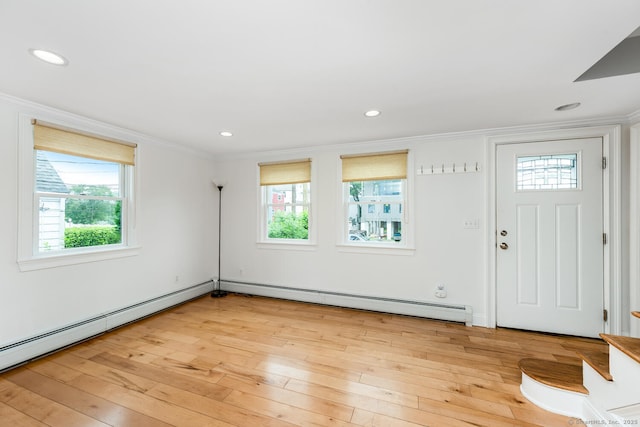 10 Sable St, Norwalk, CT 06854 - entryway with a baseboard radiator, healthy amount of natural light, ornamental molding, light wood-style flooring, and recessed lighting
