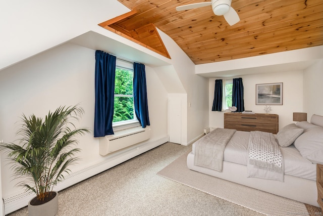 10 Sable St, Norwalk, CT 06854 - carpeted bedroom with vaulted ceiling, multiple windows, baseboard heating, wooden ceiling, and a ceiling fan