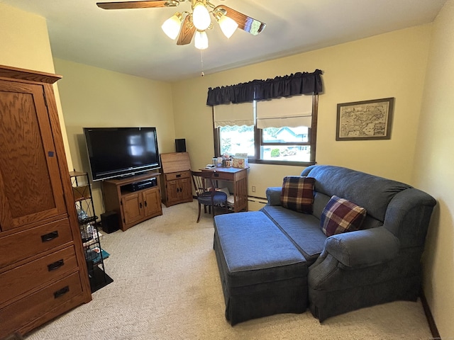 25 Tanglewood Ln, Naugatuck, CT 06770 - living room featuring light colored carpet, ceiling fan, and a baseboard radiator
