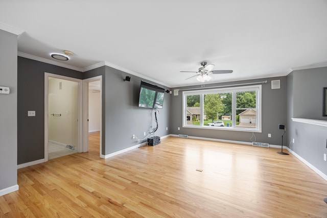 123 Sperry Ln, Meriden, CT 06451 - unfurnished living room featuring ceiling fan, crown molding, and wood finished floors