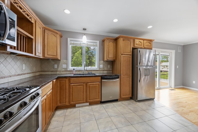 123 Sperry Ln, Meriden, CT 06451 - kitchen featuring stainless steel appliances, tasteful backsplash, dark stone counters, crown molding, and brown cabinets