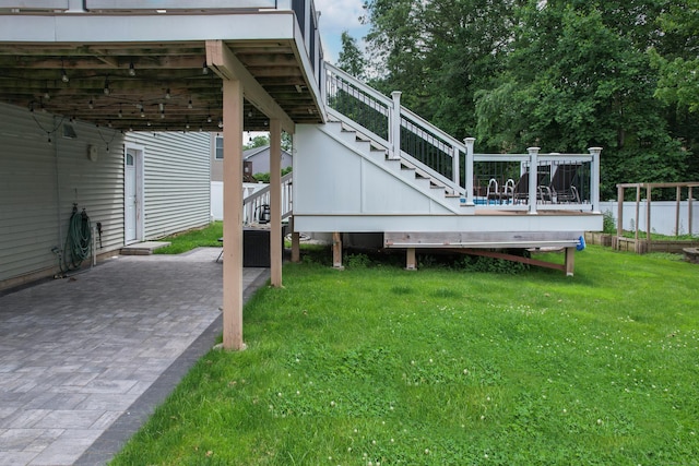 123 Sperry Ln, Meriden, CT 06451 - view of green lawn featuring stairs, a patio area, a wooden deck, and a carport