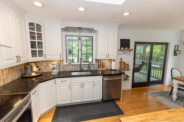 10 Laurel Grove Dr, Haddam, CT 06441 - kitchen with appliances with stainless steel finishes, white cabinets, tasteful backsplash, crown molding, and recessed lighting