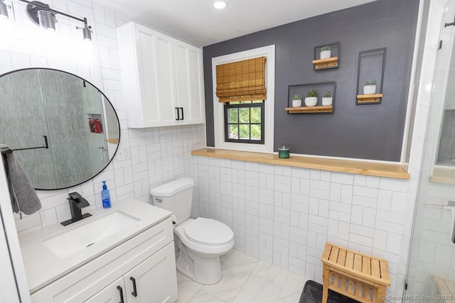 10 Laurel Grove Dr, Haddam, CT 06441 - full bathroom with tile walls, vanity, marble finish floors, recessed lighting, and a shower with door
