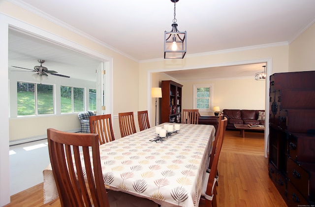 37 Lamplighter Ln, Fairfield, CT 06825 - dining area with a baseboard radiator, ornamental molding, light wood-style floors, and ceiling fan