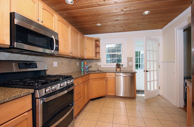 37 Lamplighter Ln, Fairfield, CT 06825 - kitchen with stainless steel appliances, wood ceiling, recessed lighting, a wainscoted wall, and light brown cabinets