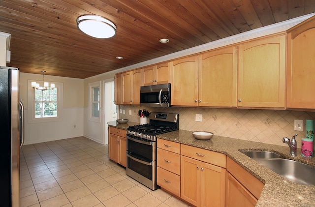37 Lamplighter Ln, Fairfield, CT 06825 - kitchen with appliances with stainless steel finishes, wood ceiling, light tile patterned flooring, a chandelier, and light brown cabinets