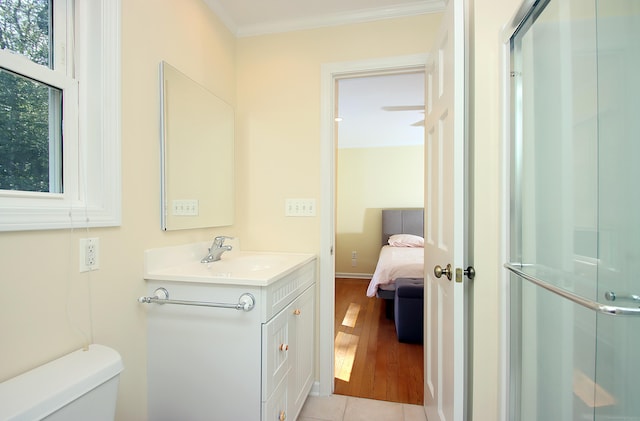 37 Lamplighter Ln, Fairfield, CT 06825 - bathroom with a shower stall, vanity, ornamental molding, ensuite bathroom, and healthy amount of natural light