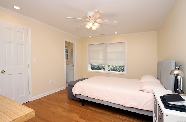 37 Lamplighter Ln, Fairfield, CT 06825 - bedroom with wood finished floors, ornamental molding, recessed lighting, a ceiling fan, and connected bathroom