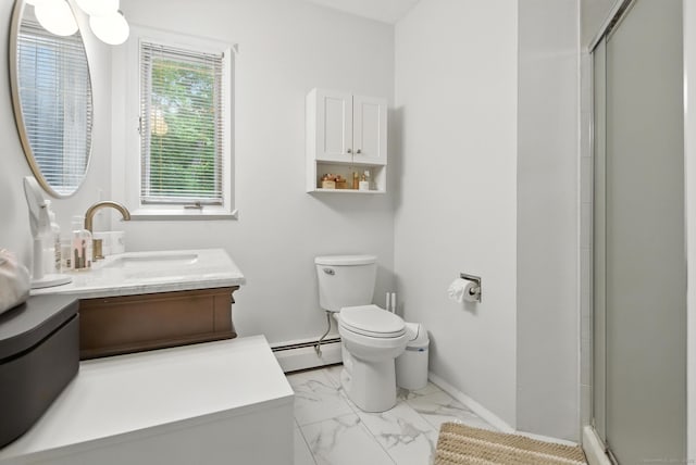 4 Earls Ct Unit 4C, Farmington, CT 06032 - bathroom featuring baseboard heating, vanity, a shower stall, and marble look tile flooring